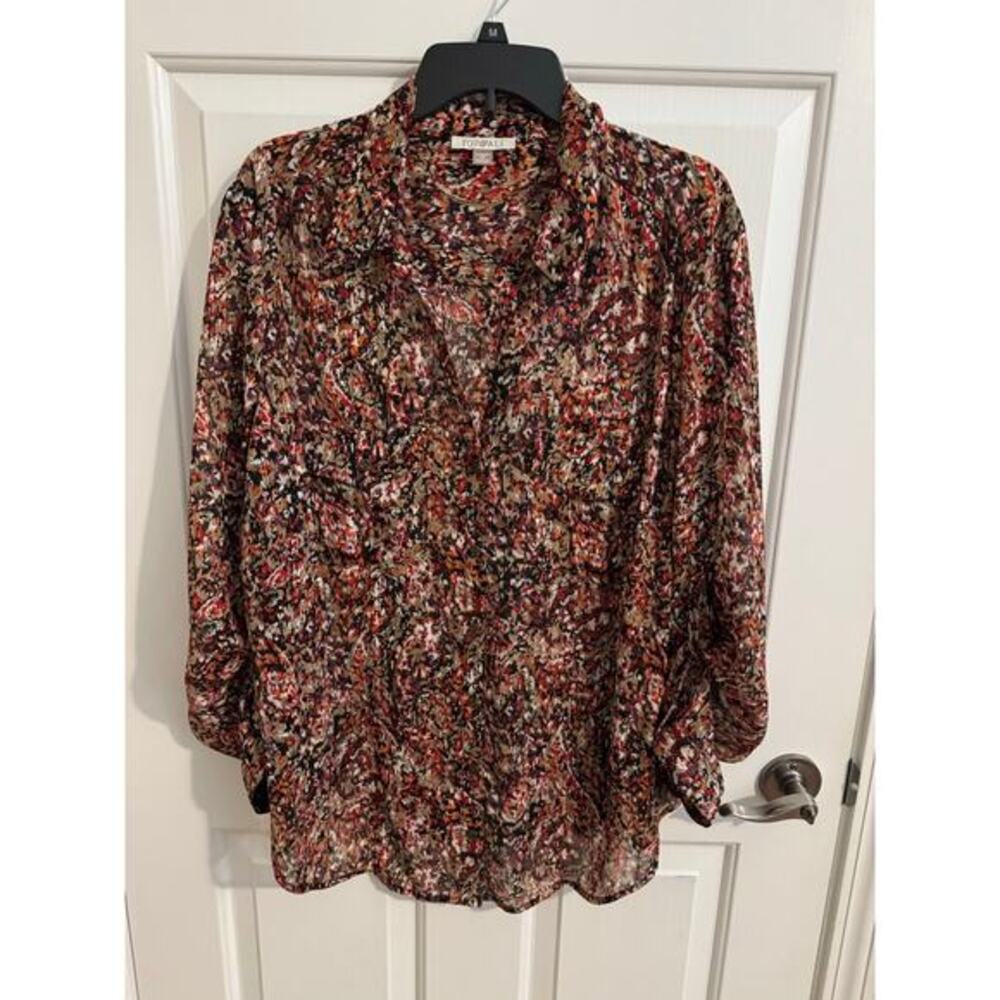 Roz & Ali Semi Sheer Blouse Red Tan Black Gold Shimmer Plus 2X